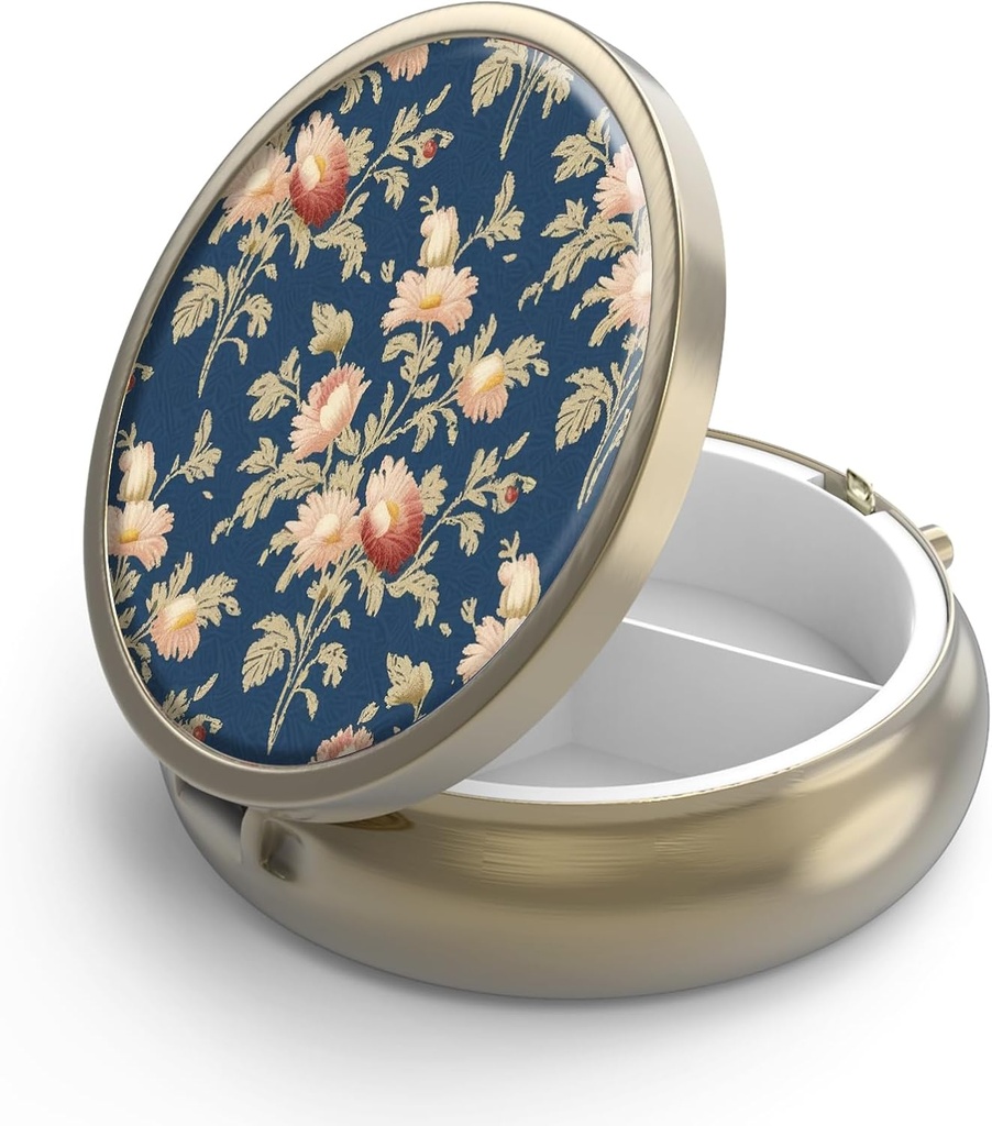 Pillola Case Pill Box con Specchio Retro 3 scomparti Piccolo Pillola Case per Purse o Pocket Bronze Small Roud Pill Box o Vitamine, Olio di Pesce, Integratori, Pillola Containe Regali di viaggio( Retro Rose Floral)