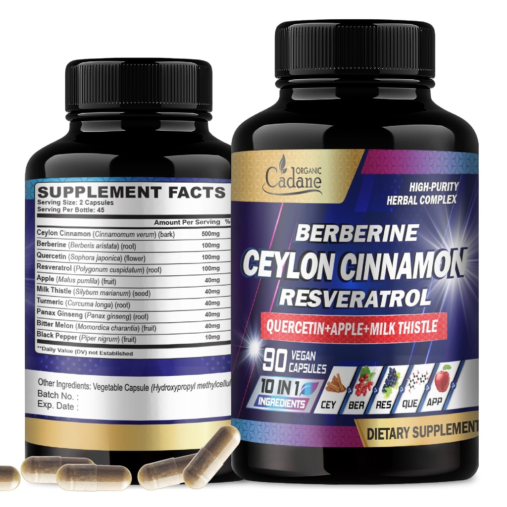 Cadane Ceylon Cinnamon, Berberine, Quercetin Supplement - Support Heart, Body, Digestive & Immunity - 10in1 with Milk Thistle, Turmeric, Apple & More - 90 Veggie Capsules
