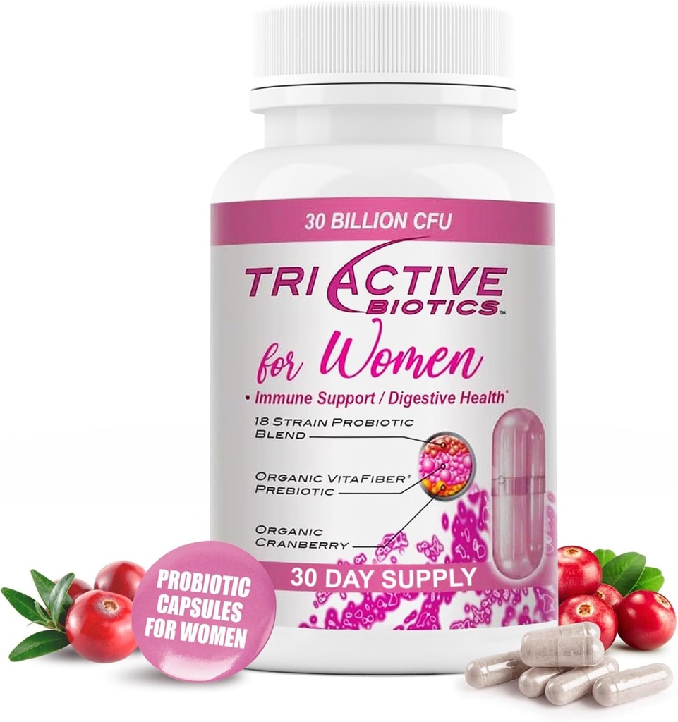 Essential Source Triactive Biotics for Women – Probiotics for Women with 18 Strains, Organic VitaFiber Prebiotic & Cranberry for Digestive, Immune, Urinary & Vaginal Health – 30 Capsules