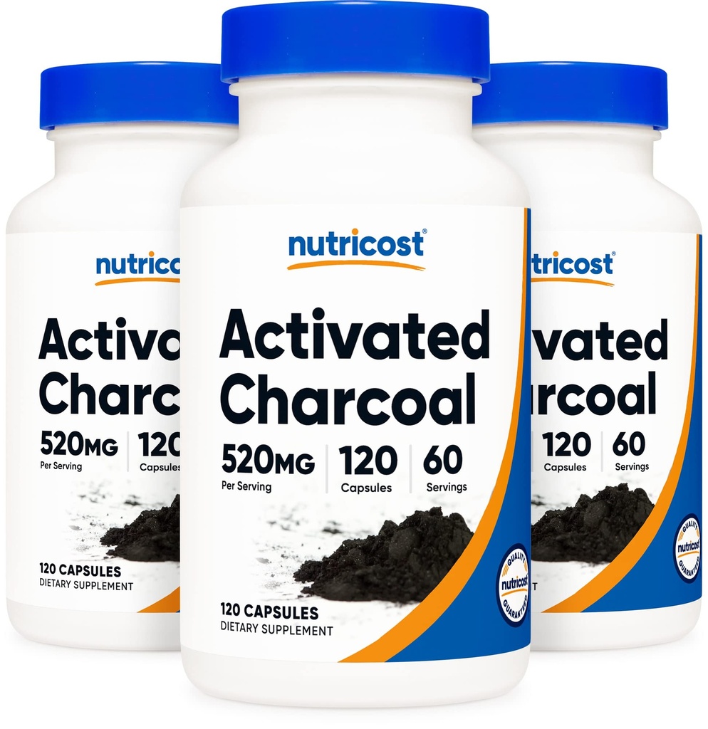 Nutricost Activated Charcoal 520mg, 120 Capsules (3 Bottles) | Premium Powder, GMO-Free & Gluten Free