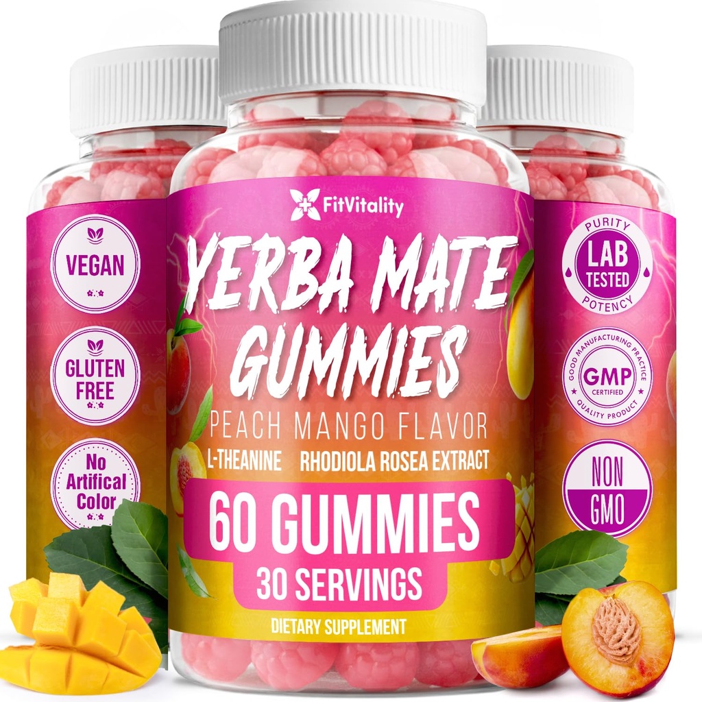 60 Yerba Mate Gummies - W/ L-Theanine, Rhodiola, Ginseng, Choline, B12. | Peach Mango Flavor – Vegan