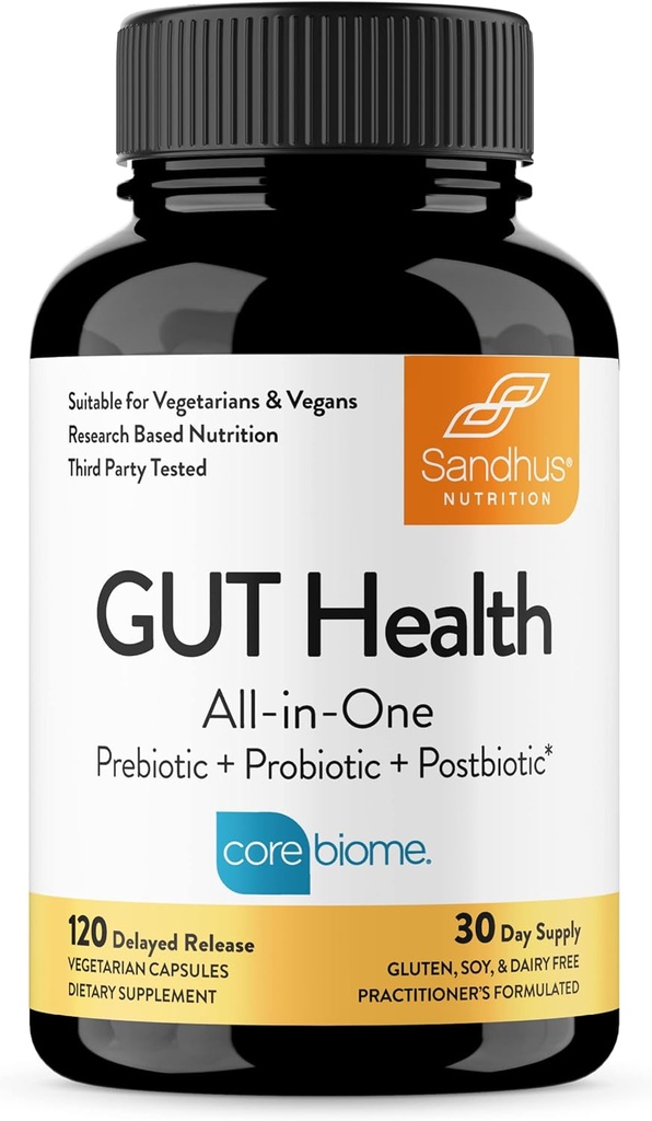 Sandhus Gut Health - Prebiotiske, probiotiske, postbiotiske og L-Glutamine | Digestive helse, kolon, probiotiske totale kosttilskudd | 120 forsinket releasekapsler