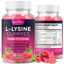 L-Lysine 1000mg Gummies for Immune Support & Skin Health - High Potency Vegan, Sugar-Free, Gluten-Free Supplement with Natural Raspberry Flavor for Adults & Kids - 60 Gummies
