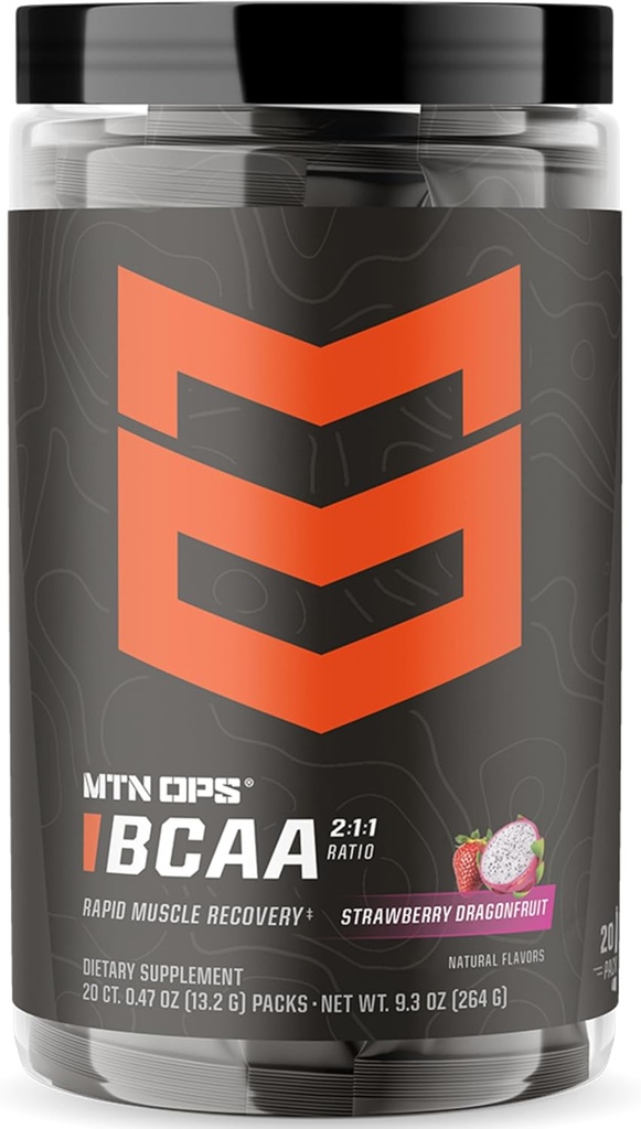 MTN OPS BCAA prášok 2:1:1 Aminokyseliny doplnková prášok na rýchlu svalovú regeneráciu a opravu s nulovým bez cukru a lepidla - 20-Servings, Jahodový dragonfruit trail balenia