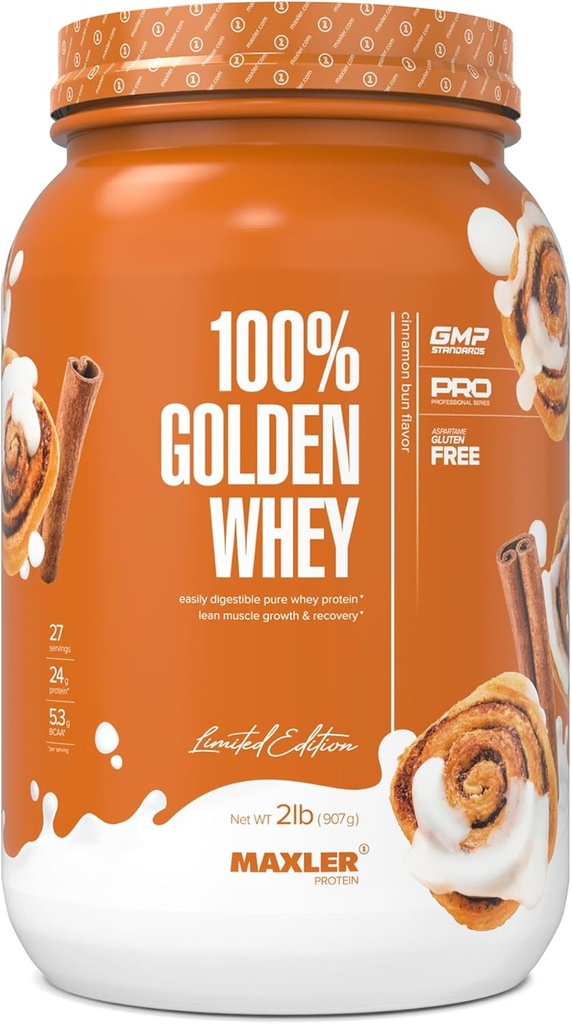 Maxler 100% Golden Whey Protein - 24g protein per servering - Premium Whey Protein pulver for pre post trening - Fast-absorberende Whey Concentrate, Isolate & Hydrolysate blanding - Cinnamon Bun 2 lbs