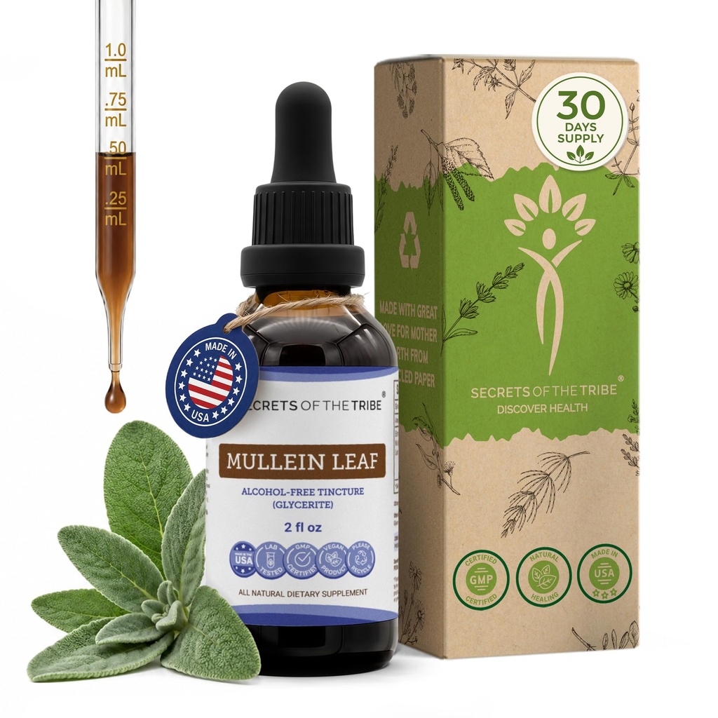Secrets of the Tribe Mullein Leaf Tincture Alcohol-Free Liquid Extract, Made with Mullein (Verbascum thapsus) (2 FL OZ)