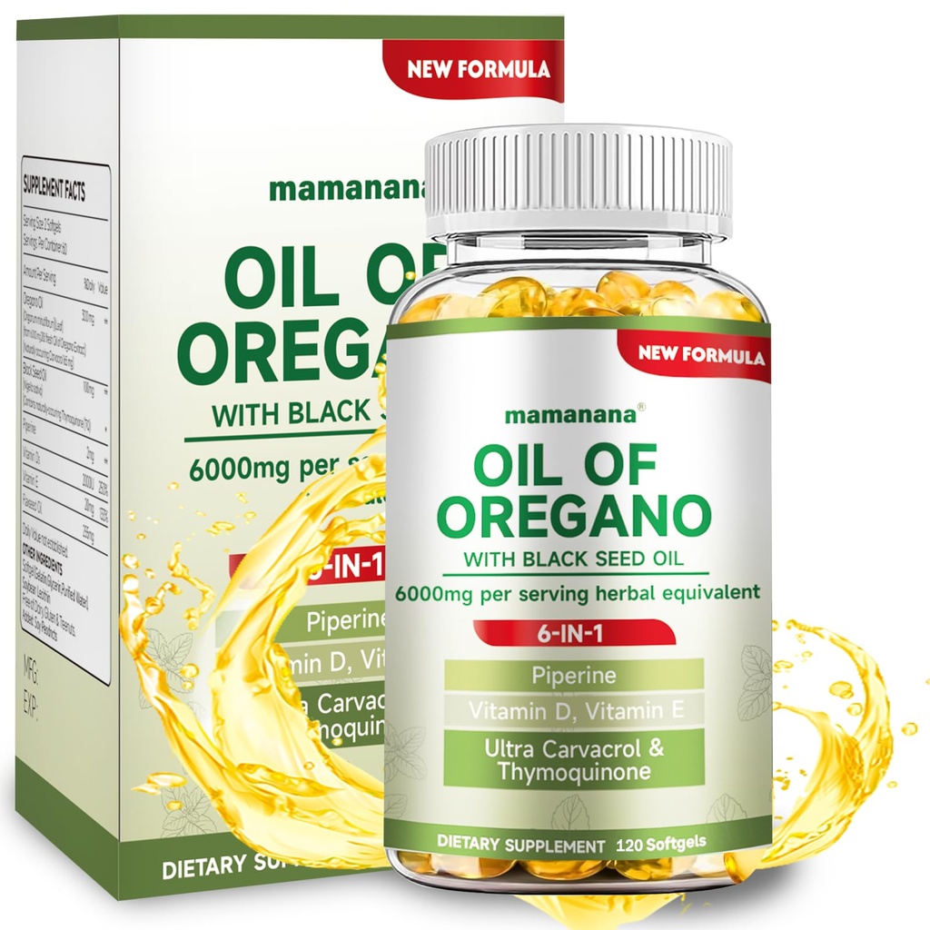 Oil of Oregano Capsules Organic 6000mg, 6 in 1 Oil of Oregano with Black Seed Oil, Omega 3 (EPA & DHA) Vitamin D + E Supplement, Digestive Health Seasonal Immune Support -Non GMO -120 Count