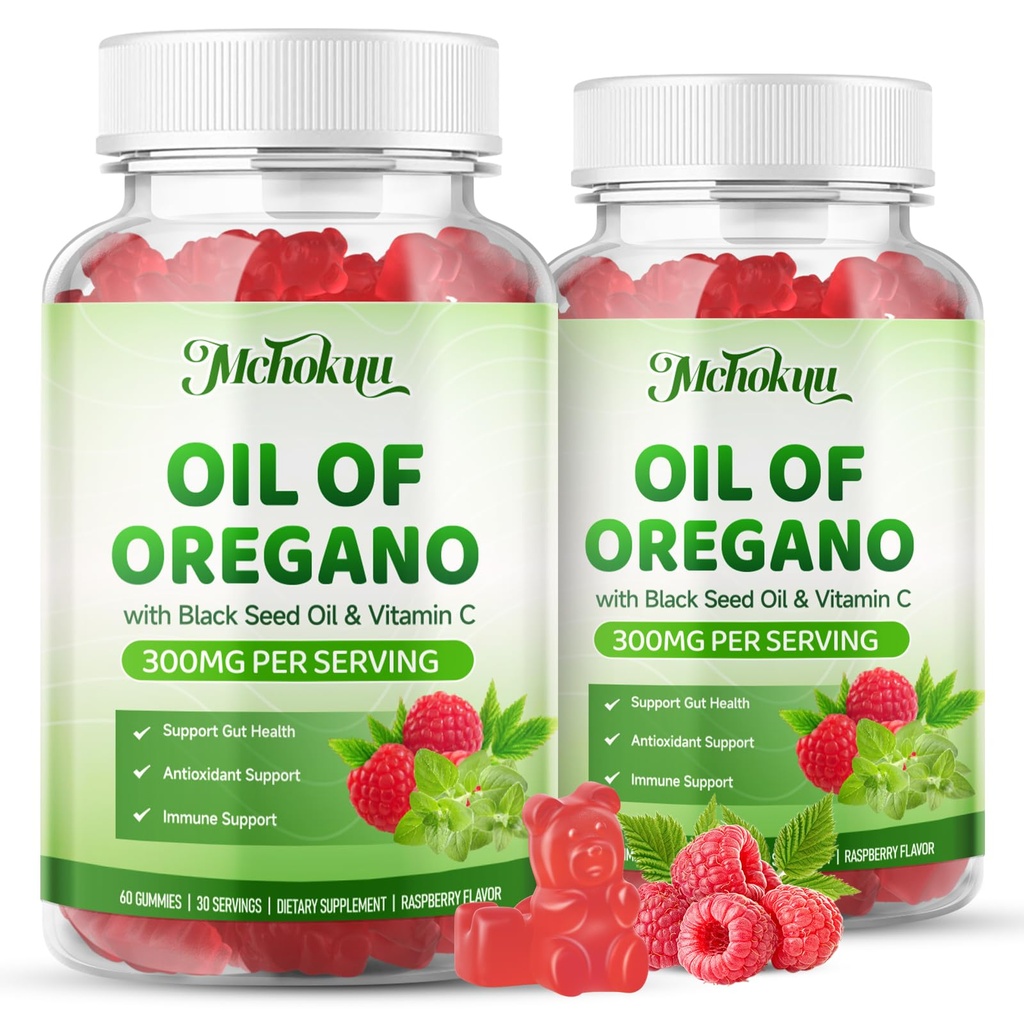 Oil of Oregano with Black Seed Oil, 2-in-1 Black Seed Oil Supplement for Women & Men Support Antioxidant Health, Sugar Free & Vegan Raspberry Herbal Gummies, 120 Count