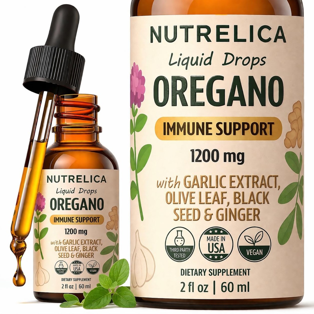Oregano Oil with Garlic Extract, Olive Leaf, Black Seed Oil & Ginger – Immune Support & Wellness – 1200mg, No Sugar, Alcohol-Free, Vegan, Non-GMO