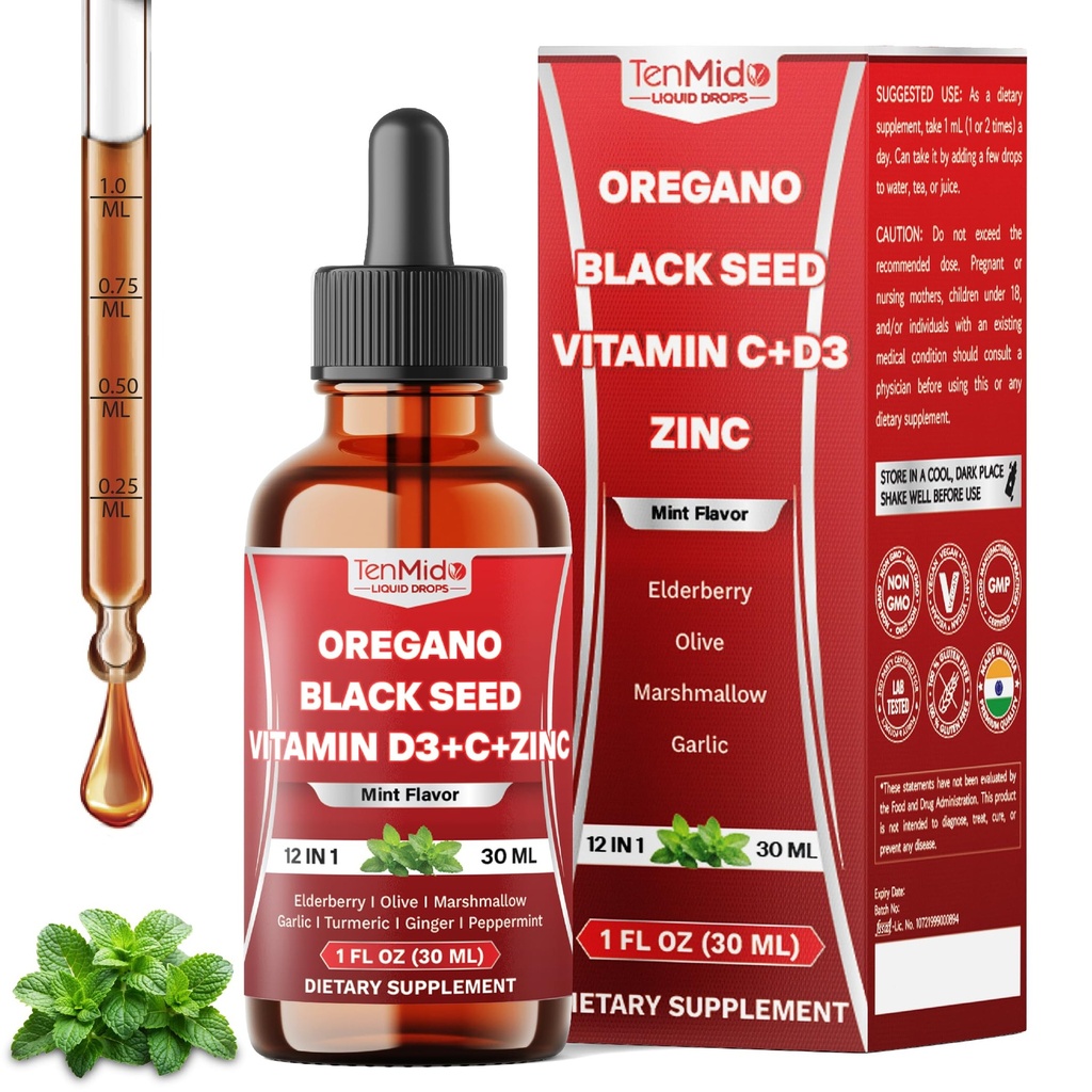 12in1 Oil of Oregano with Black Seed Oil Liquid Drops with Elderberry, Olive Leaf, Marshmallow Root, Garlic, Turmeric, Ginger, Peppermint - Digestive Health Support - 30ml | 1 FL Oz