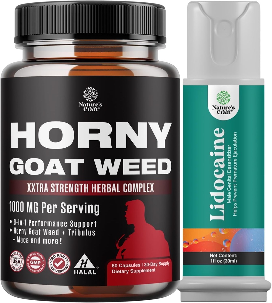Bundle of Horny Goat Weed for Men - Extra Strength Male Supplement with Black Maca Root for Stamina & Energy and Lidocaine Desensitizing Topical Spray Climax Control - Longer Lasting Performance