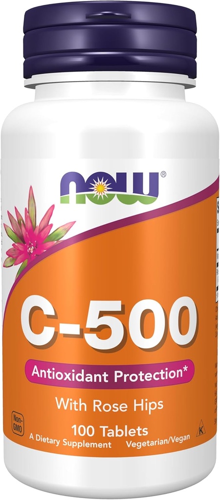 NOW Foods papildai, Vitaminas C- 500 su Rose Hips, Antioksidantas apsauga *, 100 tablečių