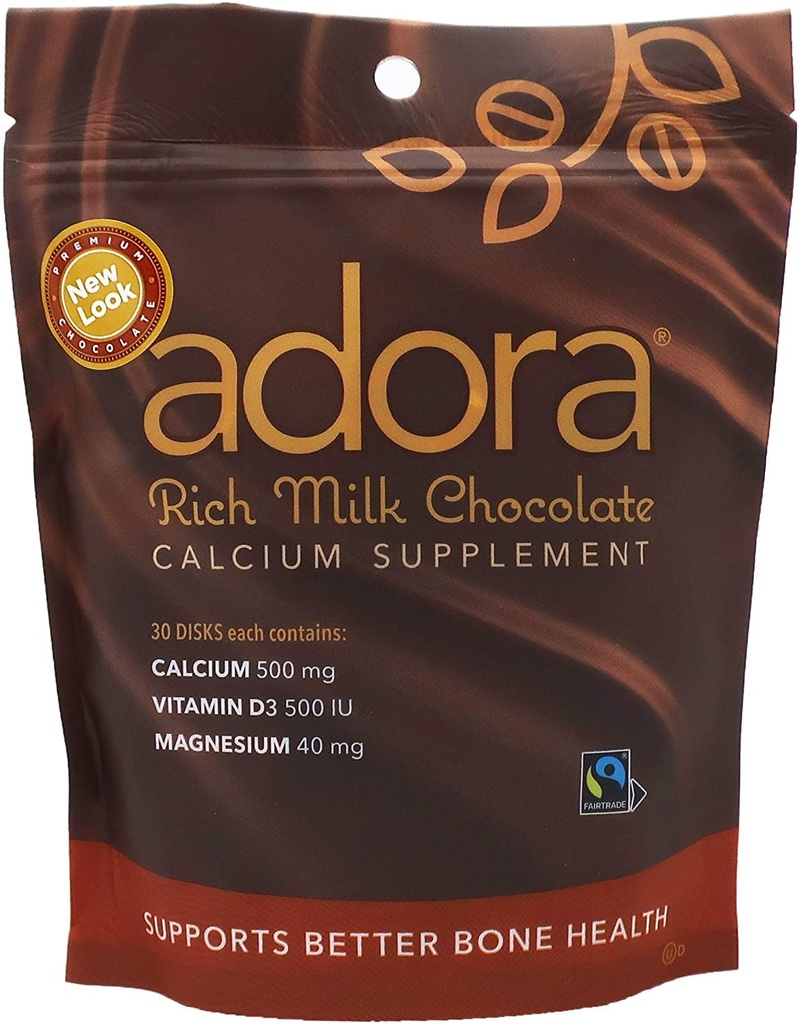 Adora Premium Vitamin D3 Magnesium and Calcium Supplement, 500 mg, Milk Chocolate, 30 Count