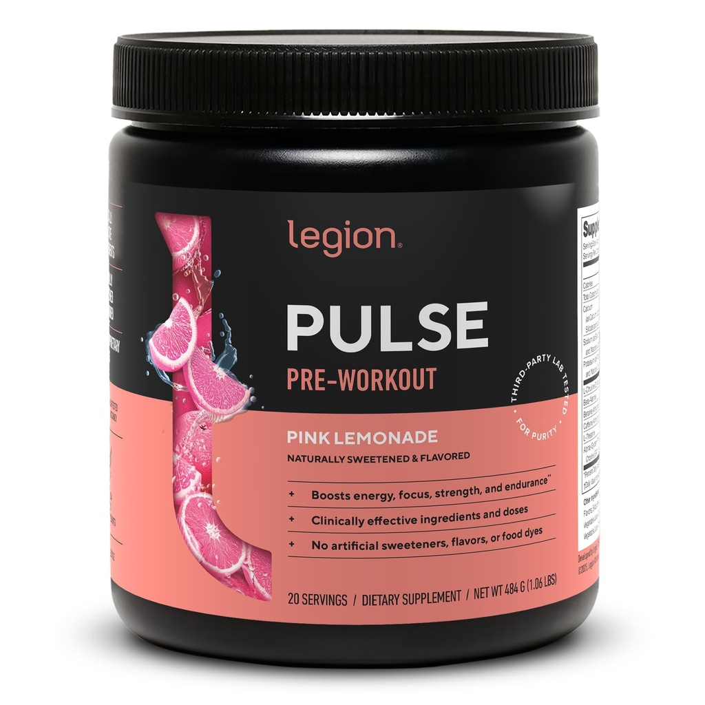 LEGION Pulse Pre Workout - All Natural Nitric Oxide Preworkout Drink to Boost Energy, Creatine Free, Naturally Sweetened, Beta Alanine, Citrulline, Alpha GPC (Pink Lemonade)
