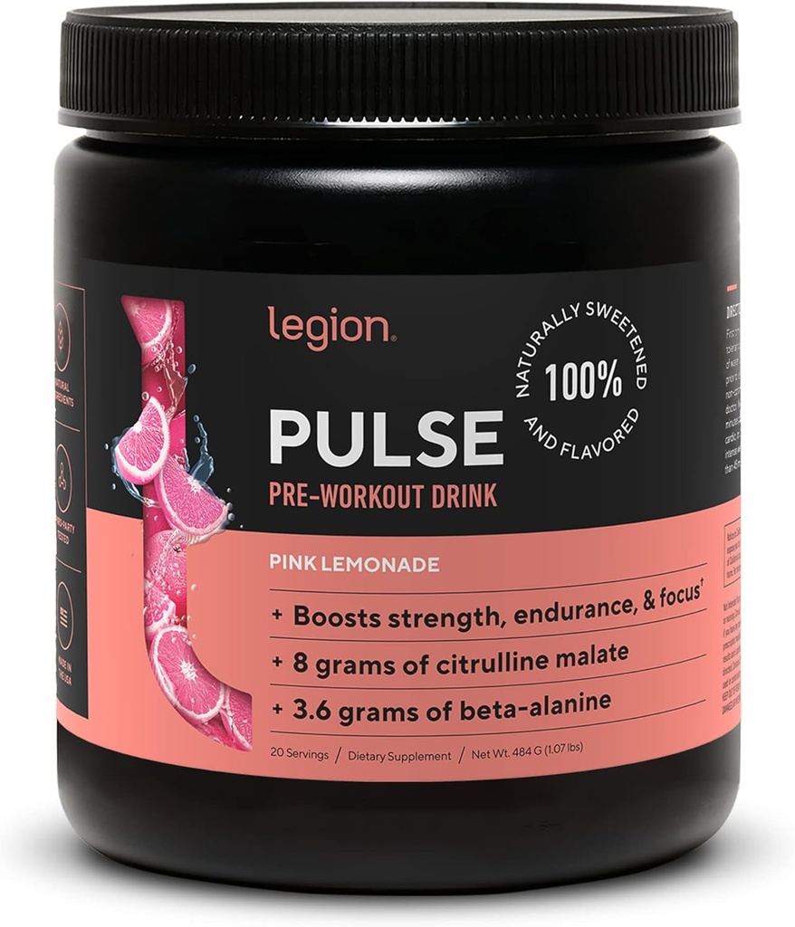 Legion Pulse pre Workout - All Natural Nitric Oxide Precuting Drink to Boost Energy, Creatine Free, Naturally Sweetened, Beta Alanine, Citruline, Alpha GPC (Pink Lemonade)