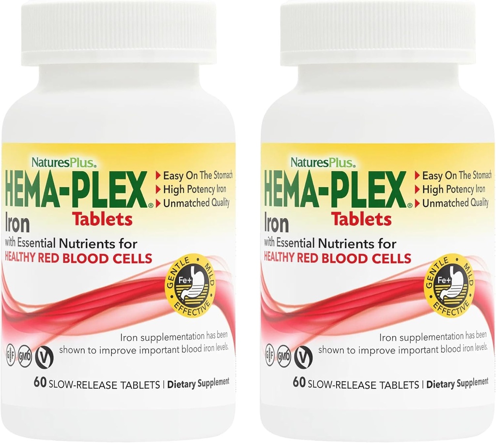 NaturesPlus Hema-Plex Iron - 60 compresse Slow-Release, Confezione da 2 - Totale Sangue - 85 mg Ferro Chelato - con Vitamina C & Bioflavonoidi - Non OGM, Vegetariano & Gluten Free - 120 Total Servings