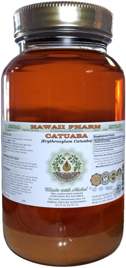 Catuaba Extrait liquide sans alcool, Catuaba (Erythroxylum Catuaba) glycérite séchée glycérite Hawaii Pharm supplément naturel à base de plantes 32 oz Non filtré
