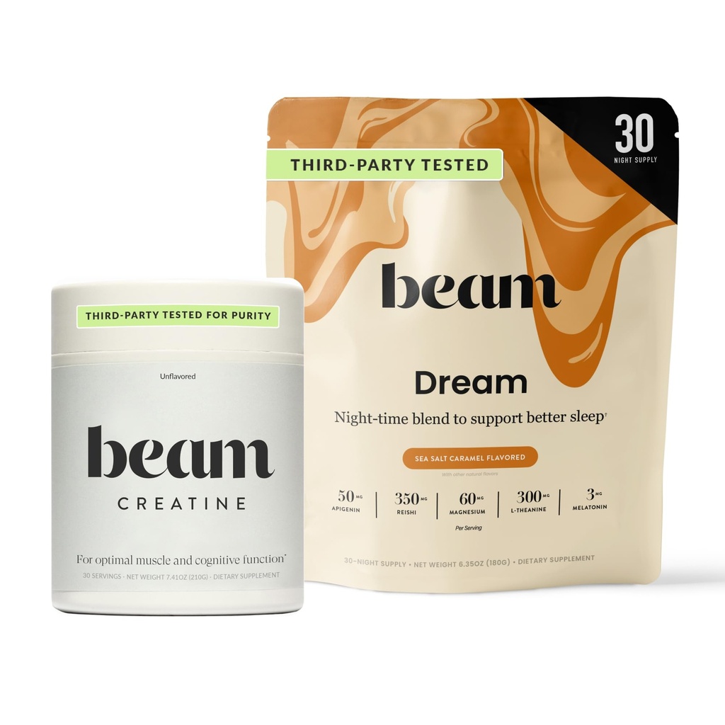 Beam Dream Sleep Powder & Creatine Bundle, Third Party Tested Natural Sleep Aid & Recovery Supplement with Micronized Creatine Monohydrate, Unflavored Pure Creatine Powder for Muscle Strength, Energy