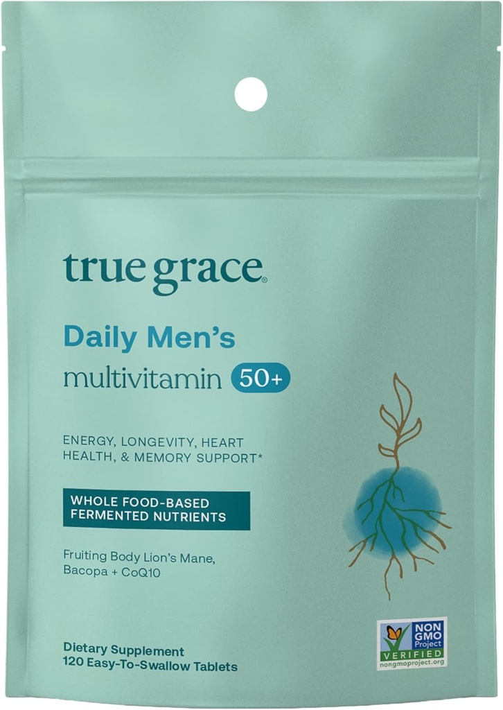 True Grace Daily Men's Multivitamin 50+ - 120 Easy-to-Swallow Tablets - Immune, Energie, Langlebigkeit & Gedächtnis Unterstützung - Glutenfrei, Sojafrei, Vegan - 60 Servierungen