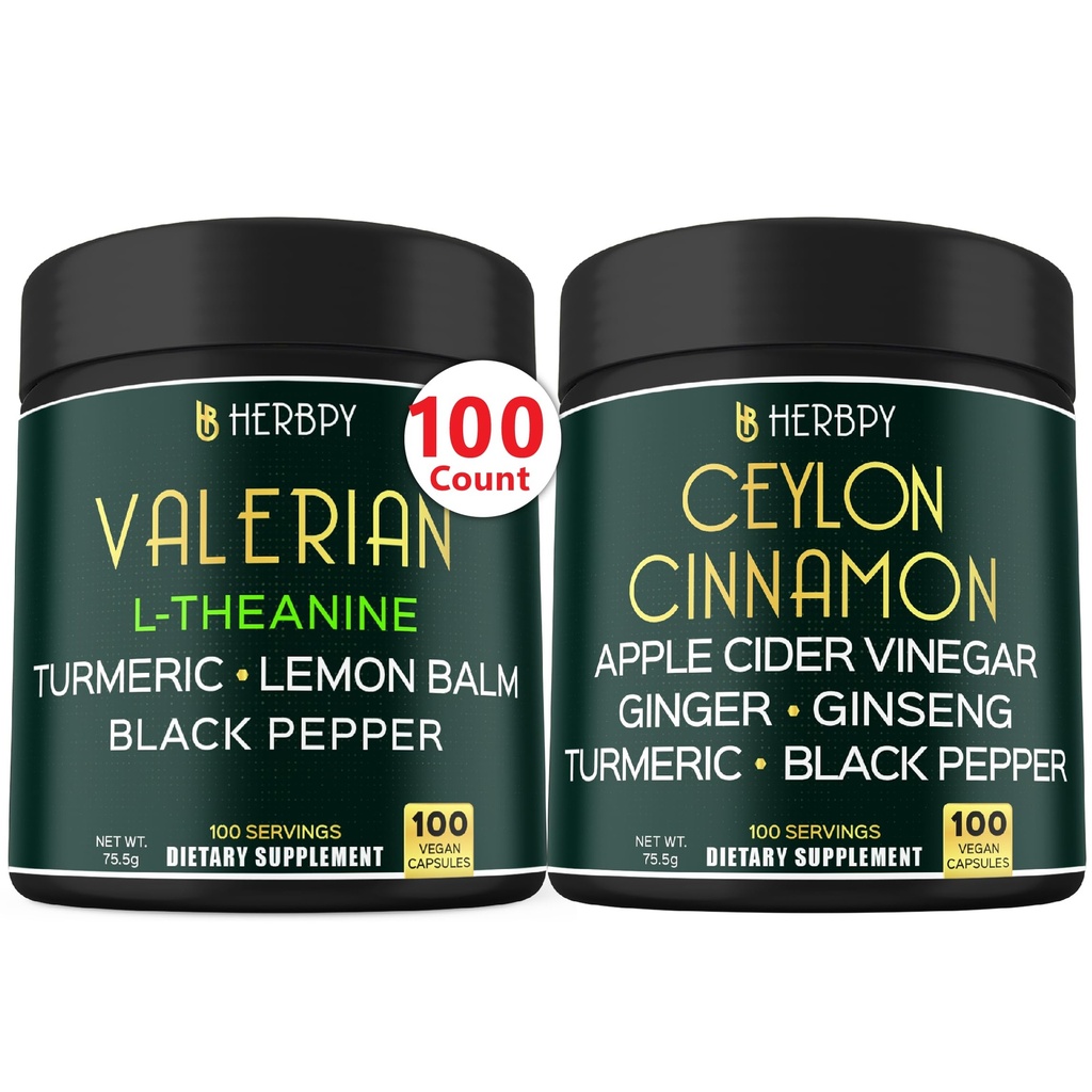 Herbpy Bundle 6in1 Premium Ceylon Cinnamon Capsules 755mg/serving (100 Capsules) & 5in1 Valerian Root Capsules 755mg/serving (100 Capsules)