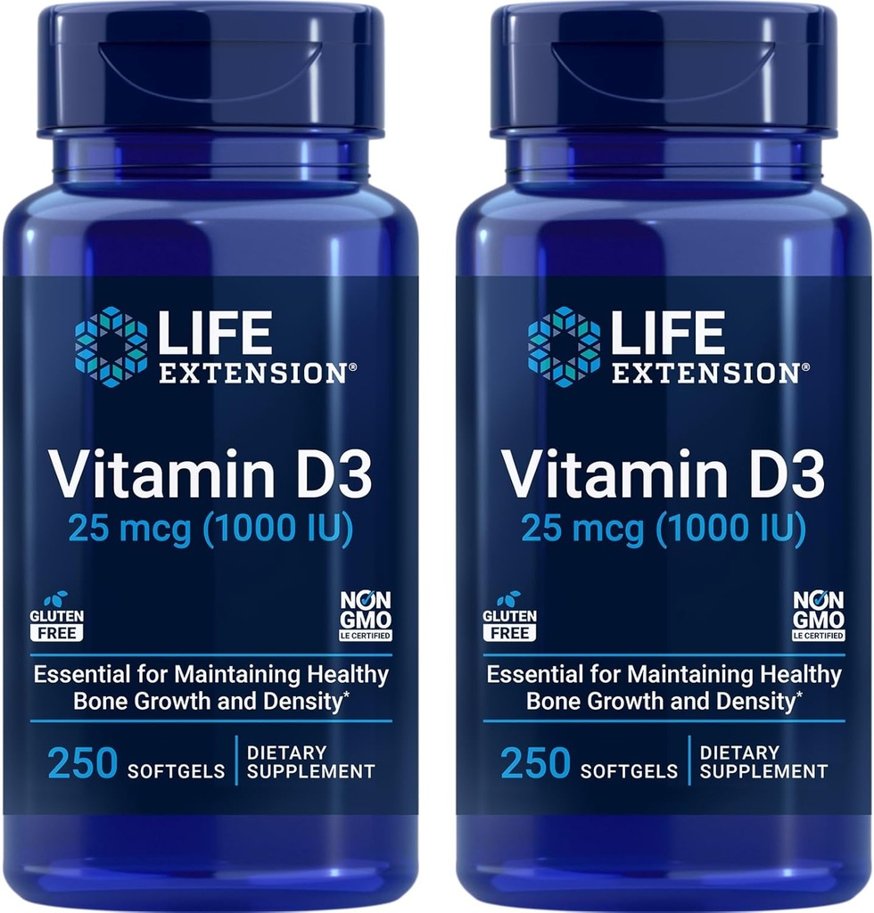 فيتامين D3 25 mcg (1000 IU), Immune System Support, Bone Health, whole-Body Health, Value Size, Gluten-Free, Non-GMO — Two Pack - 2 x 250 Softgels