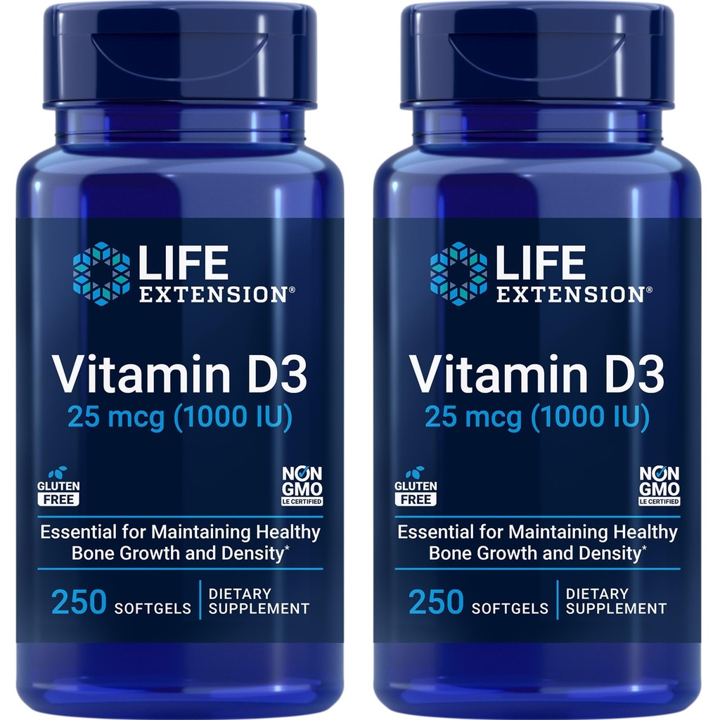 Life Extension Vitamin D3 25 mcg (1000 IU), Immune System Support, Bone Health, Whole-Body Health, Value Size, Gluten-Free, Non-GMO – Two Pack - 2 x 250 Softgels