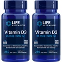 Life Extension Vitamin D3 25 mcg (1000 IU), Immune System Support, Bone Health, Whole-Body Health, Value Size, Gluten-Free, Non-GMO – Two Pack - 2 x 250 Softgels