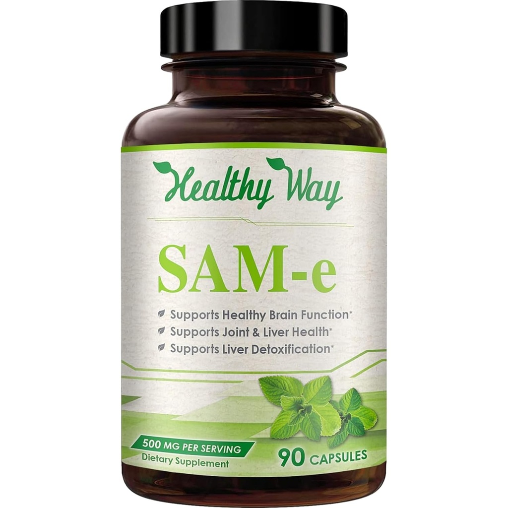 Healthy Way 500mg SAM-e Supplement - High Strength 500mg S-Adenosyl-L-Methionine Capsules for Joint Brain Liver and Mood Support - Non-GMO High Absorption Same Supplement (90 Servings)
