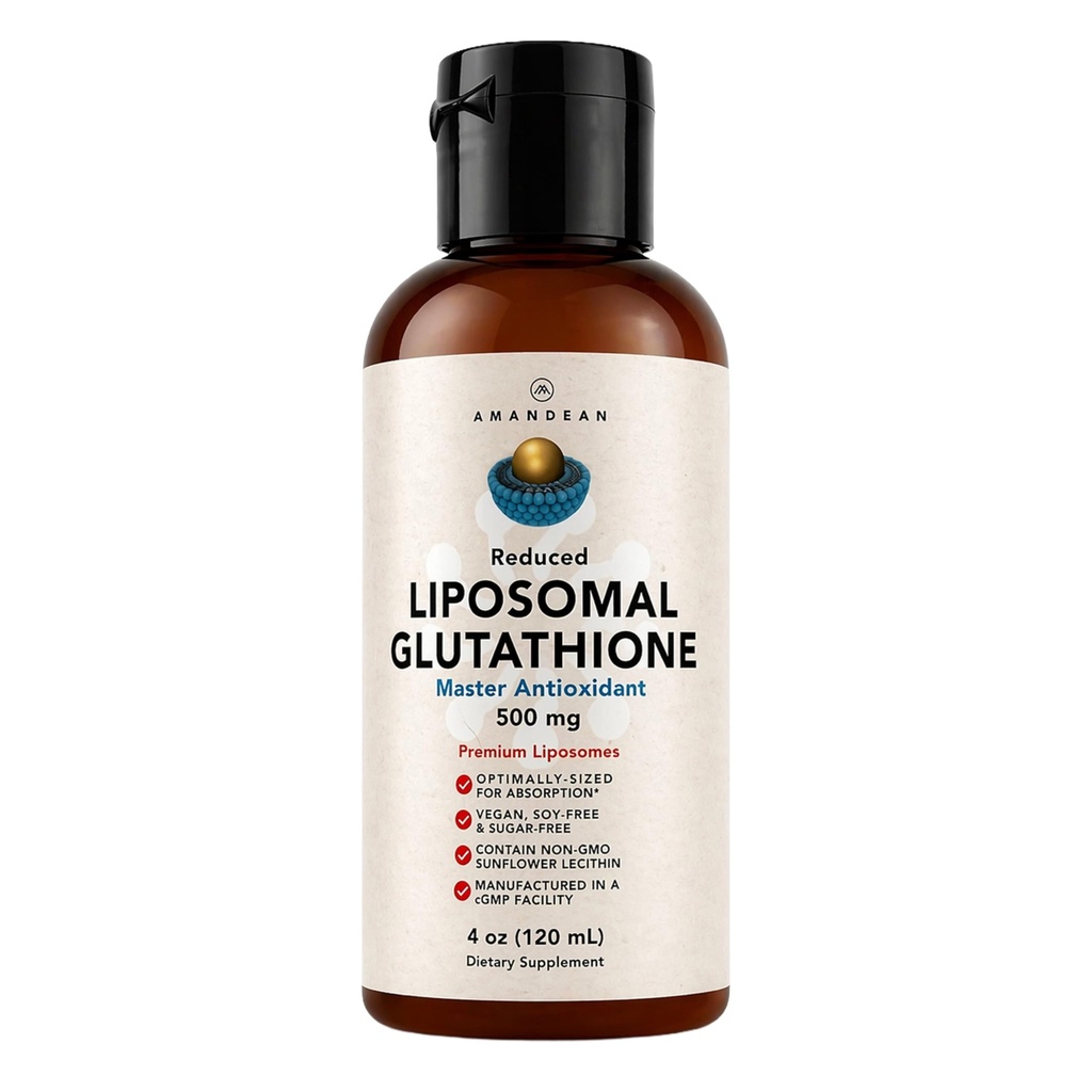AMANDEAN Liposomal Glutathione Supplement. Liquid Reduced Setria 500mg. Immune, Cellular & Skin Health, Liver Detox. Non-GMO Sunflower Lecithin Phosphatidylcholine. Soy-Free (Packaging May Vary)