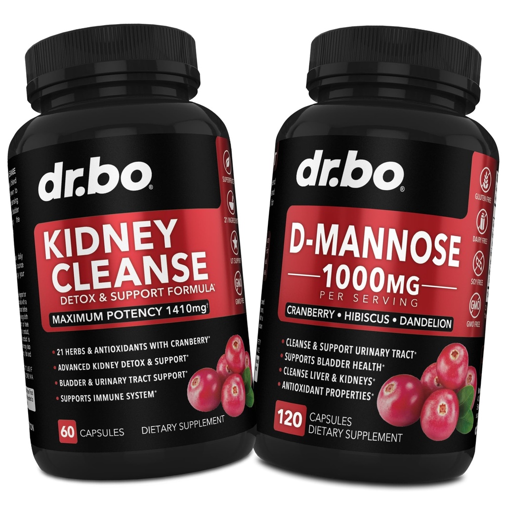 Kidney Cleanse & D Mannose Supplements - Kidney Detox Support Supplement, D-Mannose 500mg 1000mg Capsules - DMannose & Natural Cranberry to Support Kidneys, Bladder & Urinary Tract Health Supplements