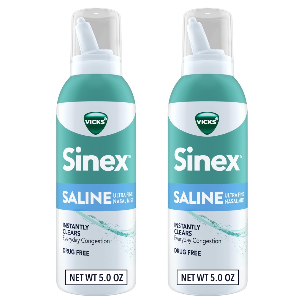 Vicks Sinex SALINE Nasal Spray, Drug Free Ultra Fine Mist, Clear Everyday Sinus Congestion Fast, Clear Mucus from a Cold or Allergy, Daily Use 5.0 fl oz x 2