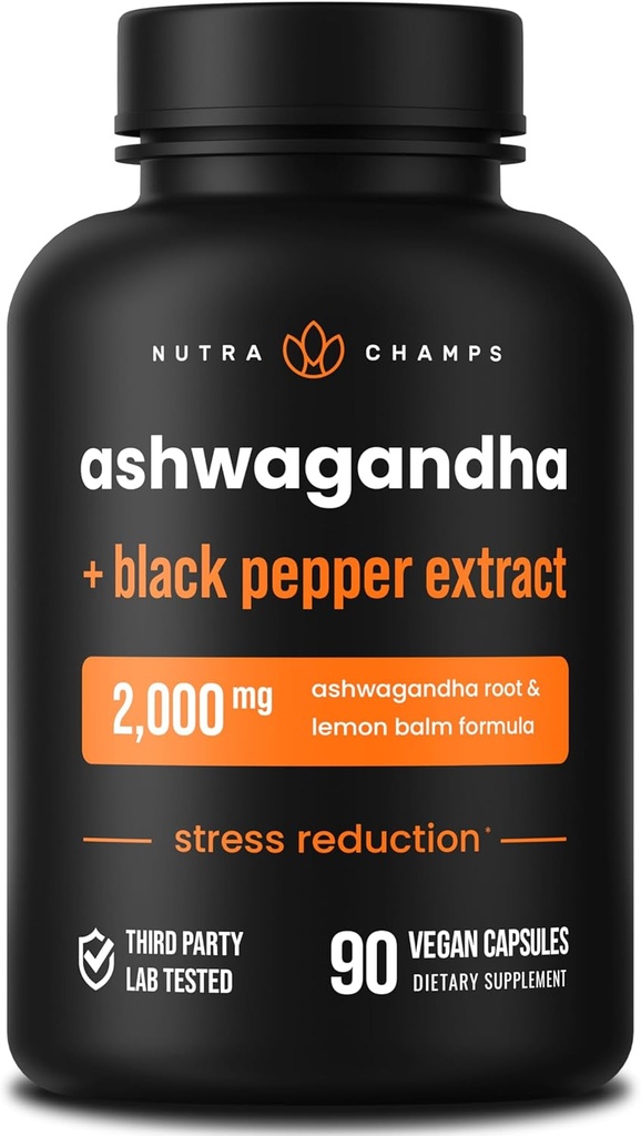 NutraChamps Organic Ashwagandha Capsules, 2000mg Adrenal tretthet, Thyroid & Mood Support Ashwagandha Supplements, Ashwagandha Root Powder & Lemon Balm, Superior Absorpsjon med svart pepper