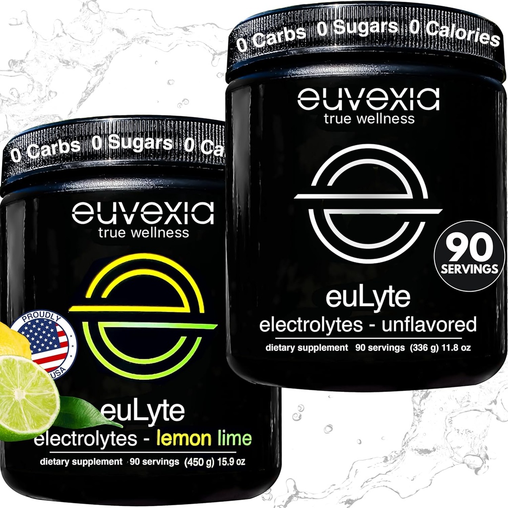 Euvexia Dr Ekberg euLyte Electrolytes Bundle Unflavored + Lemon Lime Variety Pack Sugar Free Electrolyte Порошок з 80+ Мінеральні речовини 90 Обслуговування Кожен Flavor Keto Швидка підтримка Hydration