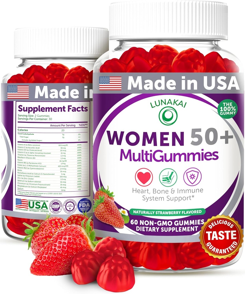 Lunakai USA Made 50 Plus Women's Multivitamin Gummies - Fórmula Delicious mellorada con vitaminas esenciais e minerais para a saúde e vitalidade