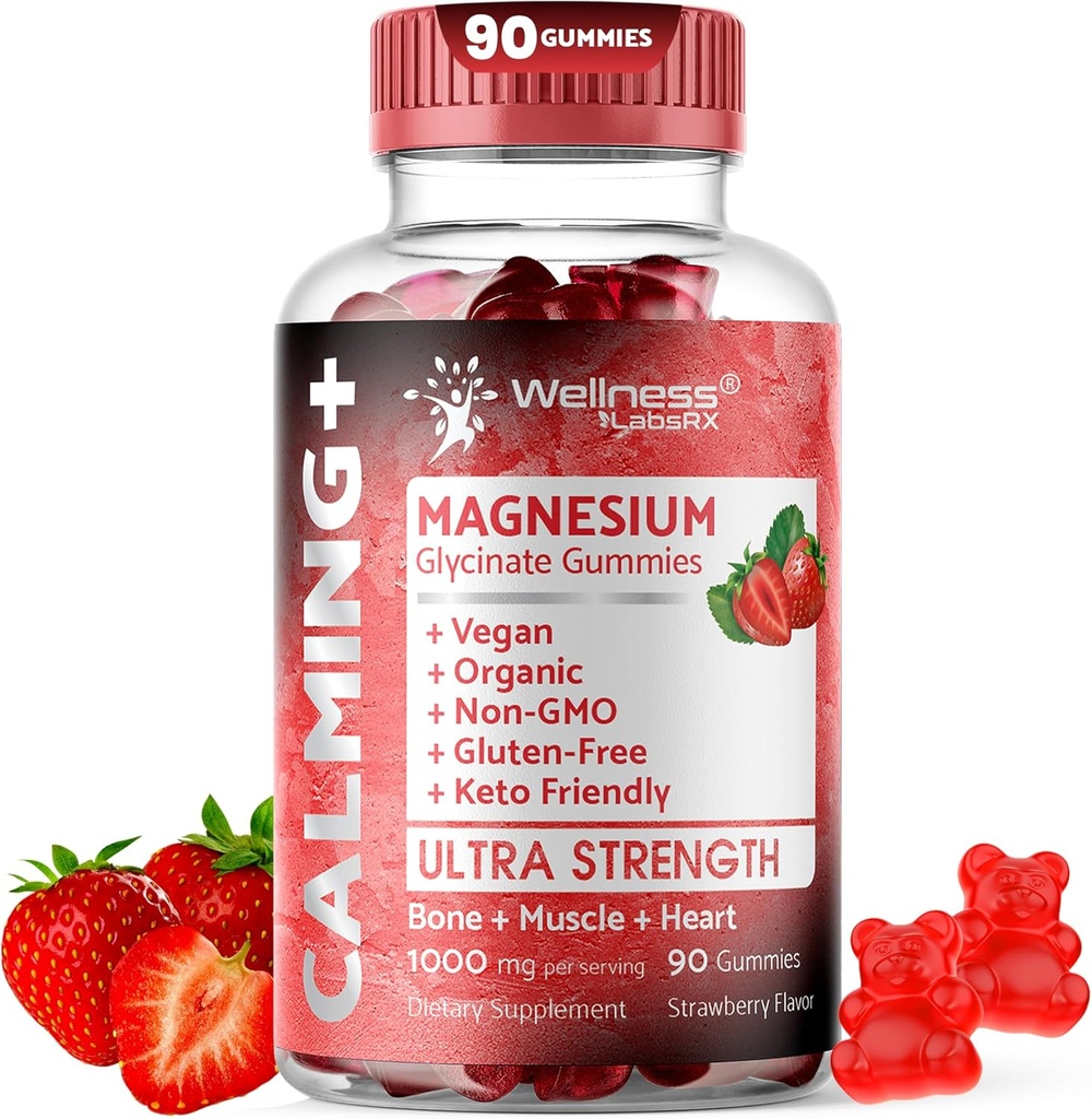 Magnis Glycinate Gummies, 1000 mg - magnio priedas paramos atsipalaidavimui, širdies sveikata - Chewable Calm Magnesio Gummies suaugusiems, Glicinato De Magnesio - Braškių skonio
