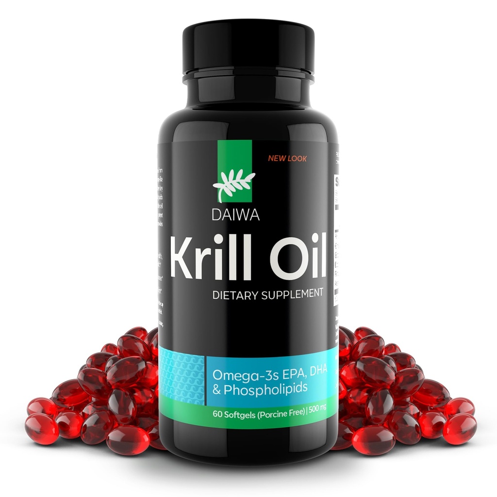 Daiwa Krill Oil 1000mg Softgels - EPA DHA Omega 3 Antarctic Krill Oil Supplement with Astaxanthin - Natural Solution for Joint, Brain Support and Heart Health - 60/ct
