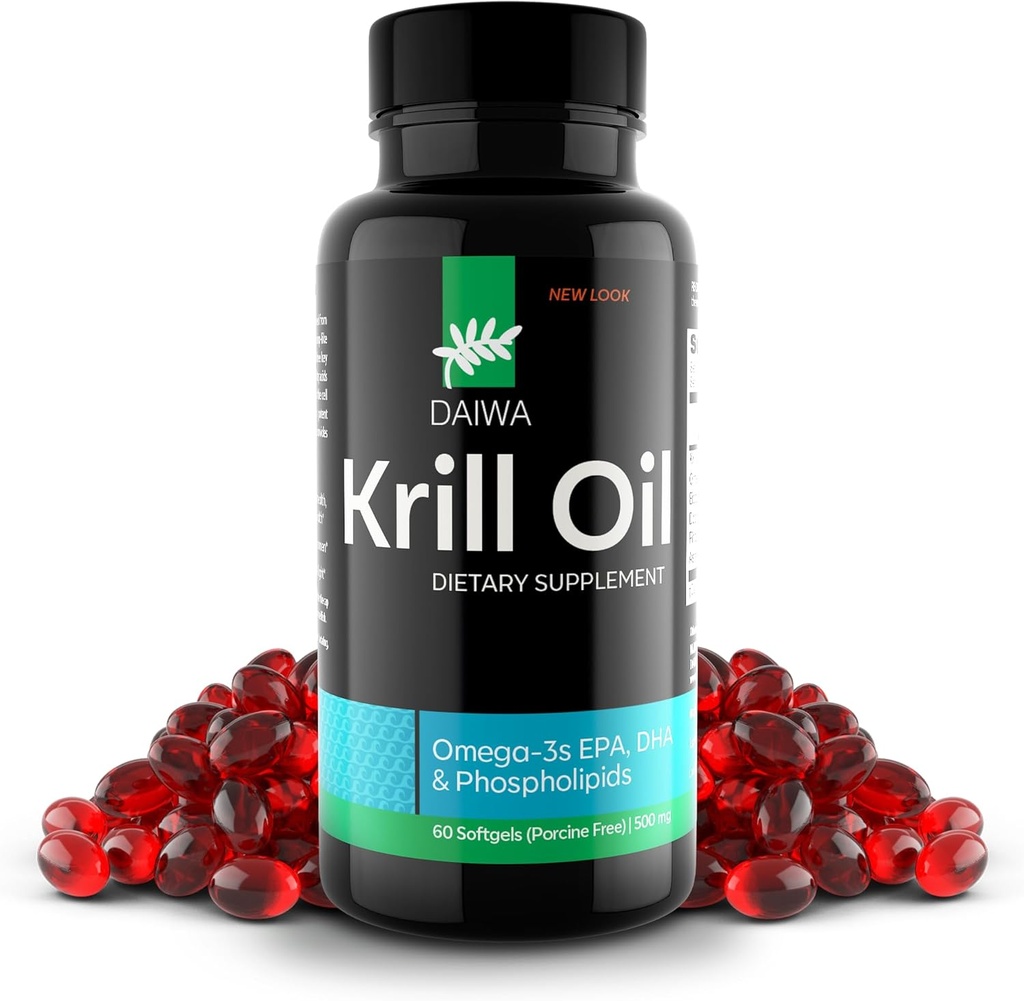 Daiwa Krill Petroli 1000mg Softgels - EPA DHA Omega 3 Atarctic Petroli suplementari amb Astàxanthi - solució natural per a la implementació de l'Estint, el cervell i el Cor Sanitat - 60/ct