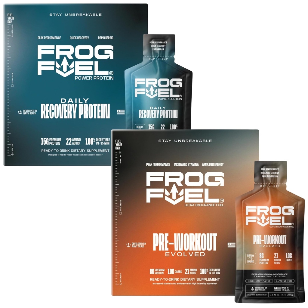 Frog Fuel Power Regular Protein & Ultra Pre Workout Shot Bundle, 1500mg Beta Alanine, 15g Nano Hydrolyzed & Grass Fed Collagen, Pre & Post Workout, 1.2 oz Packets, 48 Pack