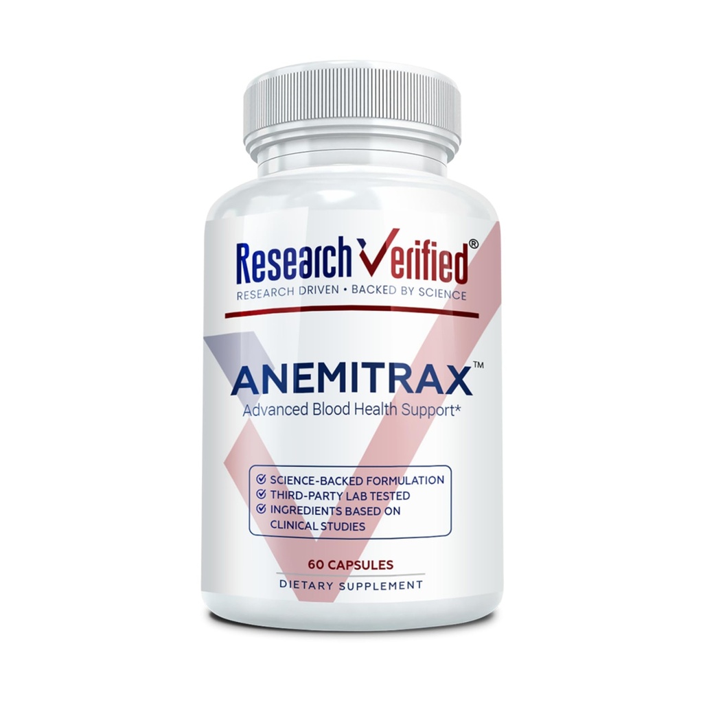 Research Verified Anemitrax - Replenish Iron, Regulate Hemoglobin, Improve Energy - Iron, Vitamin C, Vitamin A, B12, Folate, BioPerine - 60 Capsules - Vegan