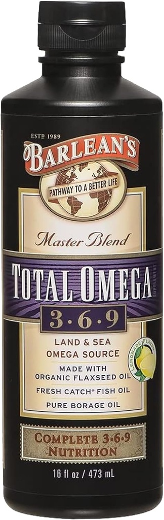 Barlean 's Total Omega 3 6 9 Liquid Fish Oil Supplement with Borage and Flaxseed Oil 6,468 mg Omegas EPA, DHA, ALA, and GLA for Joint and Heart Health, 16 oz