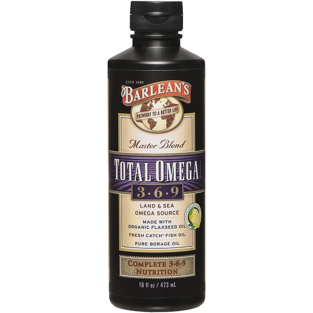 Barlean's Total Omega 3 6 9 Liquid Fish Oil Supplement with Borage and Flaxseed Oil 6,468 mg of Omegas EPA, DHA, ALA, and GLA for Joint and Heart Health, 16 oz | Fish, borage & flax oils, 6,468mg EPA DHA ALA GLA omegas, Burpless, Non-GMO, Gluten-free, Heart, joint & skin support