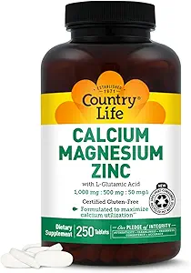 Country Life Calcium Magnesium Zinc with L-Glutamic Acid, Dietary Supplement for Bone Support, Certified Gluten Free, 1000mg/500mg/50mg, 250 Tablets