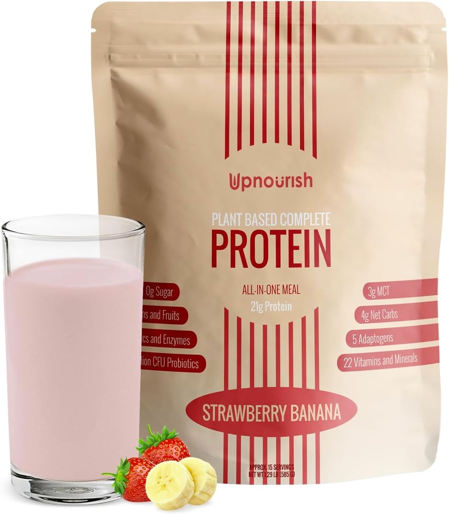 UpNourish Strawberry Banana Vegan Protein Powder 54 Superfoods Powder,1.5 Billion CFU Probiotics 21g Plant Based Protein, No Sugar No Dairy No GMO Dairy Free, Meal Replacement Shake Keto-Friendly Low-Carb Diet, 15 Servizos