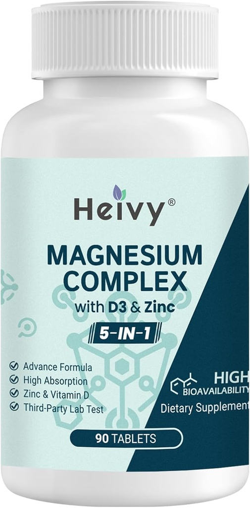 Heivy Magnézium Komplex, Magnézium Glicinate, Citrát, Malát, Oxide, Glukonát cinkkel és D3- vitaminnal, Magnéziumpótlás Izom, Idegrendszer, Szív, Csonttámogatás, Magas abszorpció, 90 tabletta