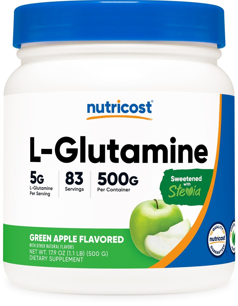 Nutricost L-Glutamine Powder Supplement (Green Apple) 500g - Gut Support, 5 Grams per Serving, Sweetened with Stevia - Gluten Free, Non GMO