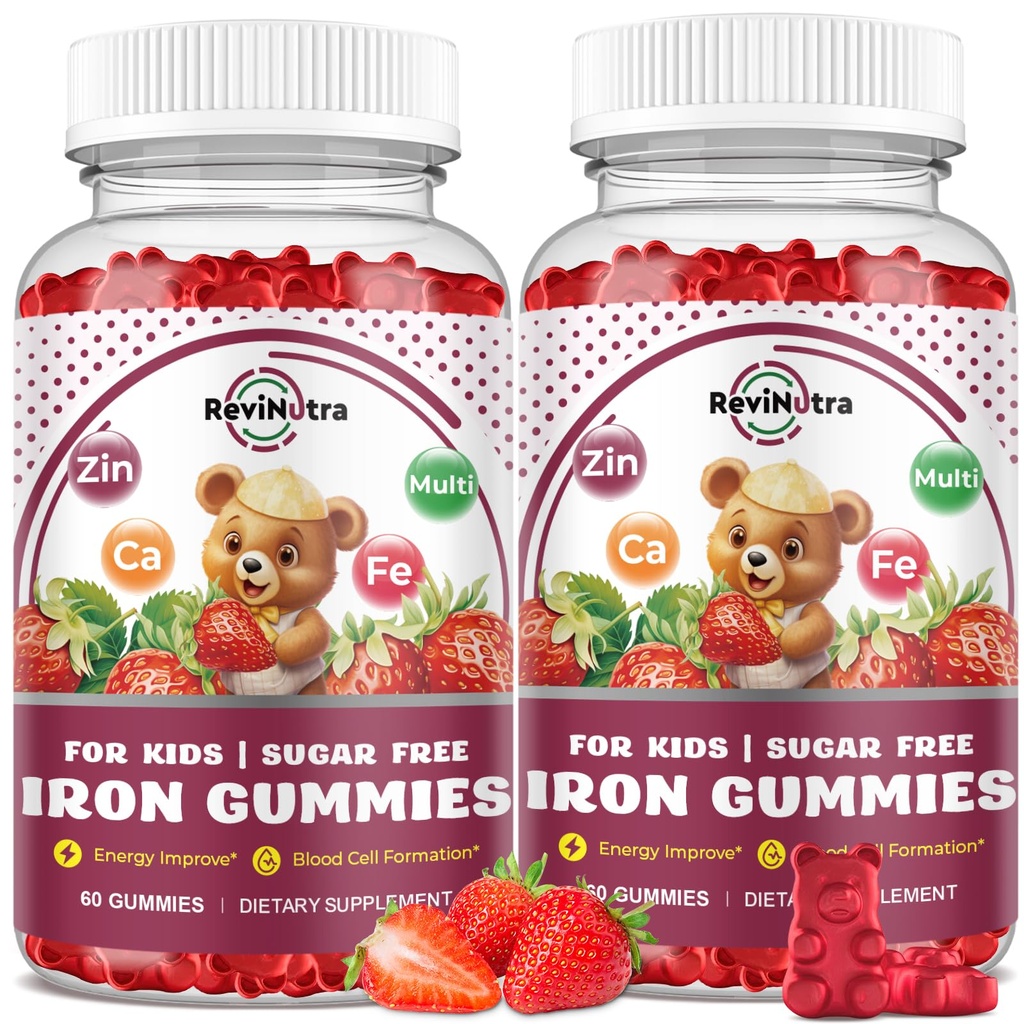 Iron Supplement Gummies for Kids - with Calcium, Zinc, Kids Multivitamin with Iron Gummies - Immune Support, Blood Builder & Energy Support for Iron Deficiency - 2 Pack Strawberry Flavour, 60 Gummies