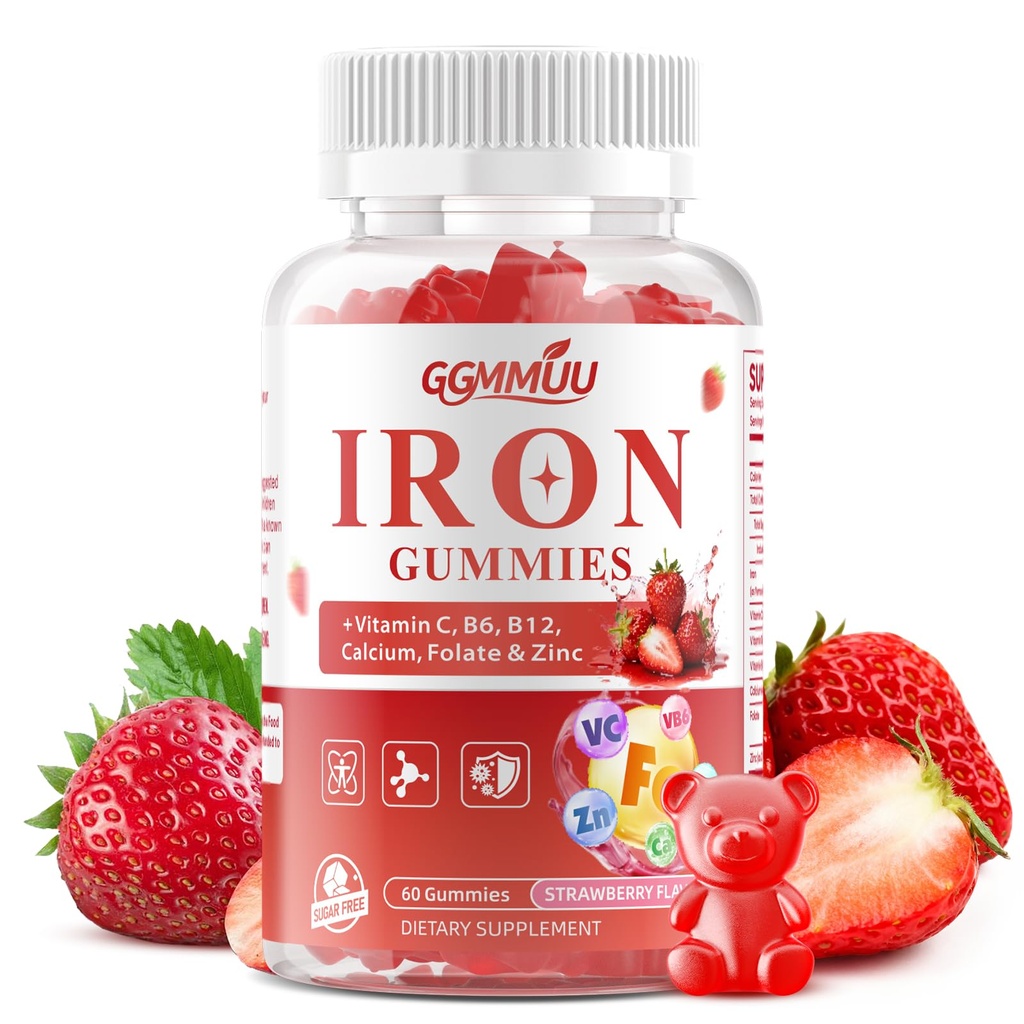Sugar Free Iron Gummies for Energy Support, 60 Count | Formulated with Folate, Zinc, Vitamin C, B12 & B6, Vegan Supplement, Gentle on Stomach, Strawberry Flavor