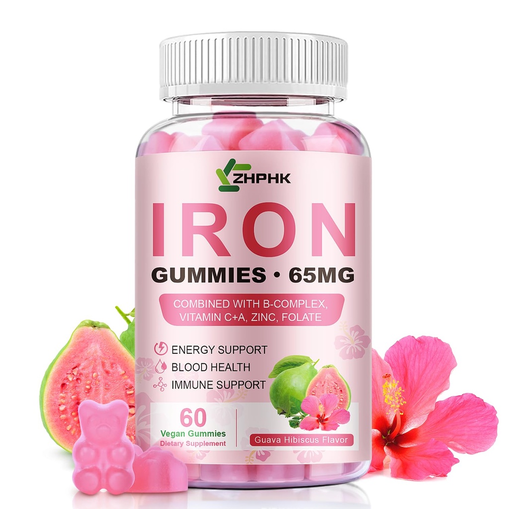 Iron Gummies Vitamin Supplement 65mg & Vitamin C 250mg per Serving with B6 B12 Folate- Energy Support for Iron Deficiency, Anemia, Vegan Guava Hibiscus Flavor, 60 Count