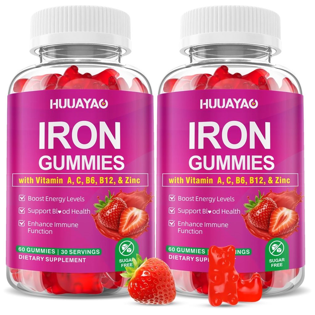 Iron Supplement Gummies for Women & Men, Vegan Iron Gummies with Vitamin C, A, B-Complex, Folate, Zinc for Blood Building & Energy Support, Strawberry Flavor, 120 Count
