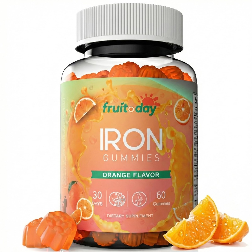 Iron Gummies with Vitamin C, B6, B12 and Folate - Gentle Ferrous Bisglycinate for Daily Nutrition - Orange Flavor - 60 Gummies